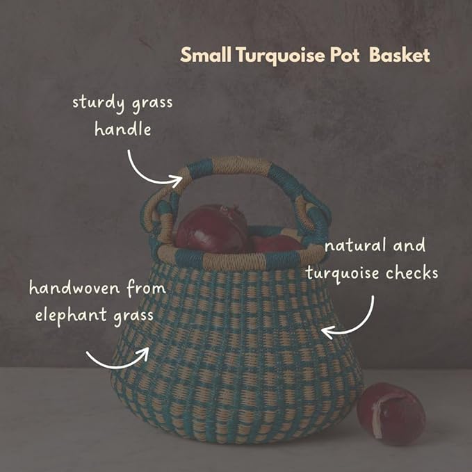Small Harvest Basket for Garden Herbs and Vegetables, Natural and Turquoise, 10 Inch Wide