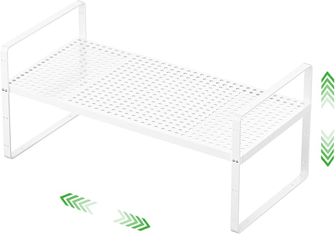 Expandable Cabinet Storage Shelf Stackable Organizer Rack for Kitchen Bathroom Pantry Spice Cupboard Coffee Countertop Home Office Desk Heavy Duty Nonslip White Large 1 Pack