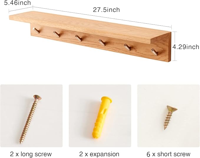 Coat Rack Shelf Wall Mounted Oak Wood Entryway Shelf with 6 Hooks Wall Coat Hook Rack with Floating Shelf for Bedroom, Living Room, Kitchen (Natural, 27.5 inch)