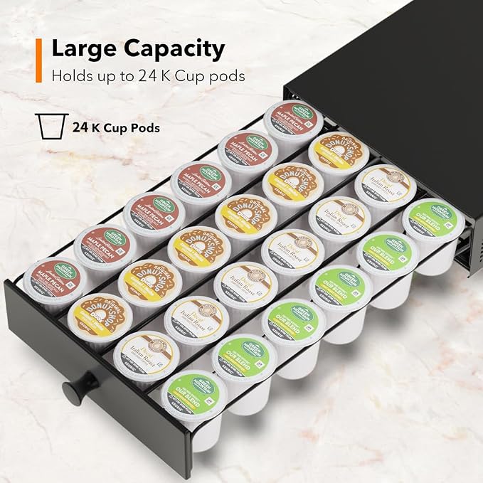SICHEER K Cup Organization Storage Drawer Maker K Cup Holder Sliding Tray Pull out Coffee Pod Organizer Rolling Stand Countertop Maker Stand Rack Capsules Compatible with Keurig Accessories 24 Pods