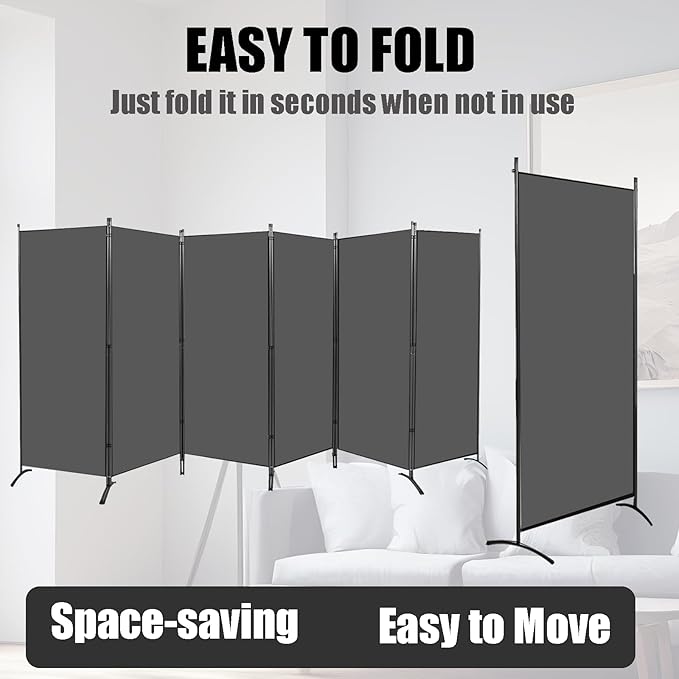 Room Divider-Folding Privacy Screens, 6 ft Partition Room Dividers Wall for Separation, Home, Office, Classroom, Studio (Grey, 6 Panel)