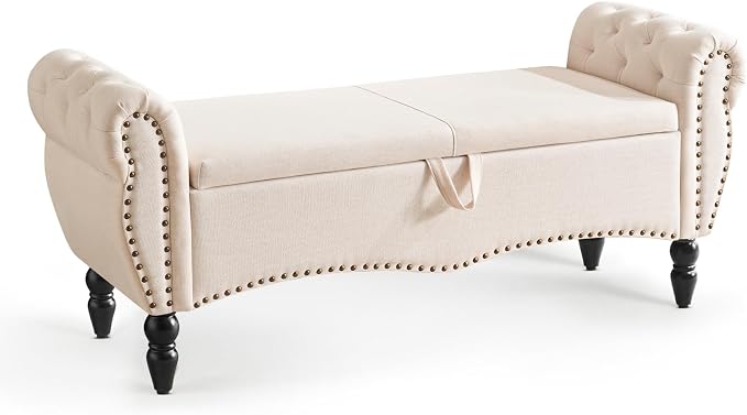 Furniliving Storage Ottoman Bench for Bedroom, Upholstered End of Bed Bench with Solid Wood Legs Modern Shoe Storage Bench Indoor Bench for Living Room Entryway Bench Furniture,Beige, Linen