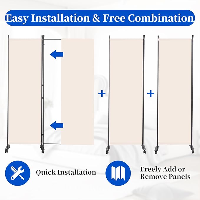 Room Divider 6FT Room Partition with Lockable Wheels, (Thicked Metal Base) Room Dividers, Freestanding Indoor Folding Privacy Screens, Portable Fabric Wall Divider for (Beige, 88"- 4 Panel)