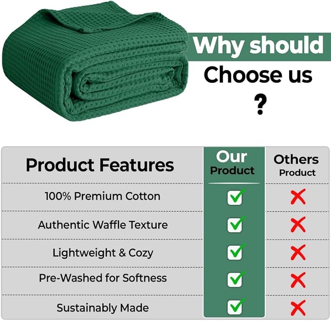 100% Cotton Blankets for Bed - Waffle Weave Blankets for Summer, Lightweight and Breathable Soft Woven Blanket for Spring (Dark Green, King (90" x 108"))