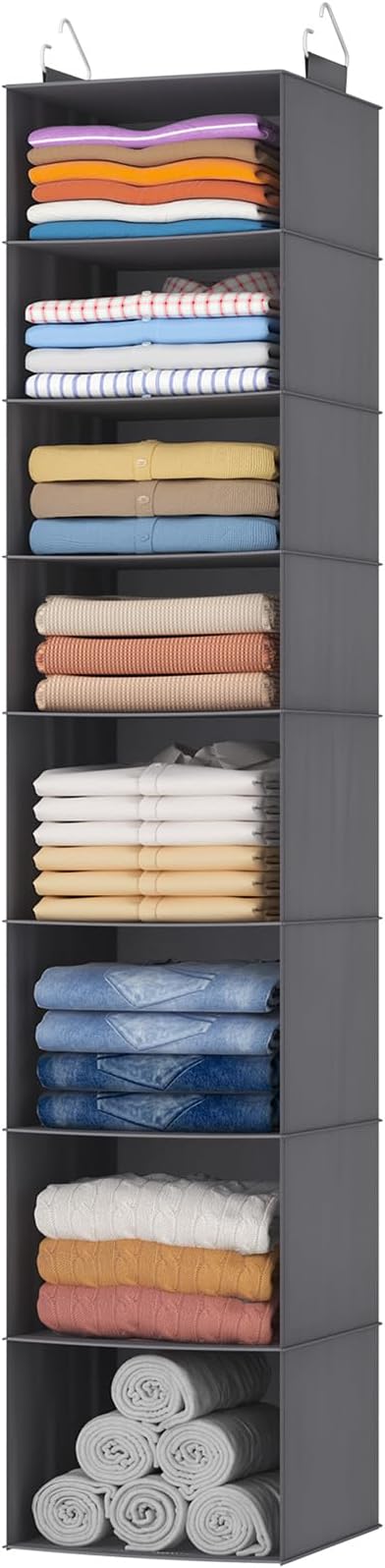 Lifewit 8 Tier Hanging Closet Organizer and Storage for Shelves, Foldable Clothes Storage Shelf with 2 Sturdy Hooks for Clothing Organization, Dorm Room Essentials for Guys, Gray