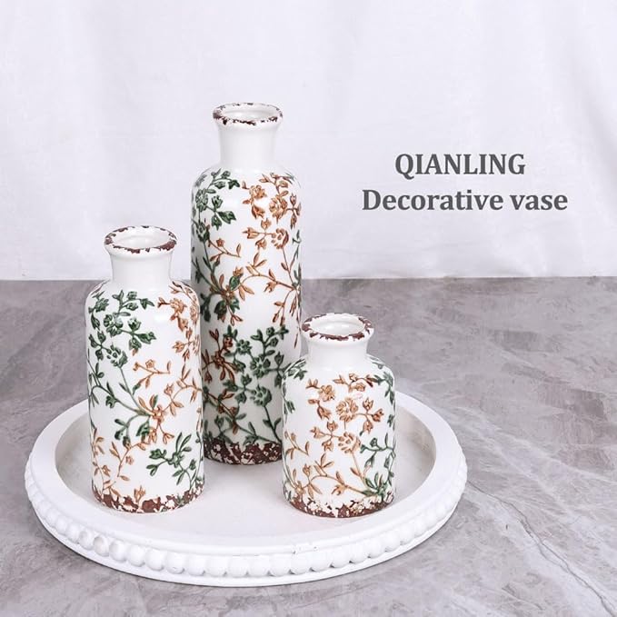 Green Ceramic Vase Set of 3 - Modern Rustic Farmhouse Decorative Vases for Dining Table, Shelf, Bedroom, Living Room, Kitchen, Office, Bathroom, Mantle, Centerpiece Décor