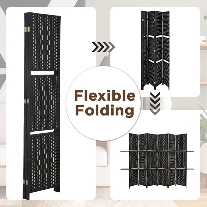 Room Divider 6 Panel Room Screen Divider Wooden Screen Folding Portable Partition Screens Wood with Removable Storage Shelves Color, Black