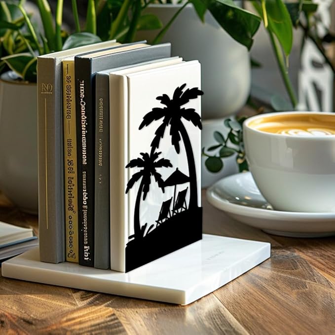 Peacoblue Metal Bookends for Shelves, Modern Decorative Heavy Duty Study Book Support Stoppers for Office, Desk, Shelf, Room 5.3"x4.3"x7.9" Cast Iron Simple Tall Bookends, 1 Pair (Beach and Palm)