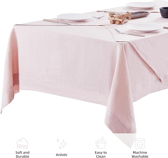 Linen Tablecloth 100% Pure Linen Table Cloth for Rectangle Tables Machine Washable Dining Fall Tablecloth with 4PCS 20"x 20" Linen Napkins(Light Pink, 60x84)