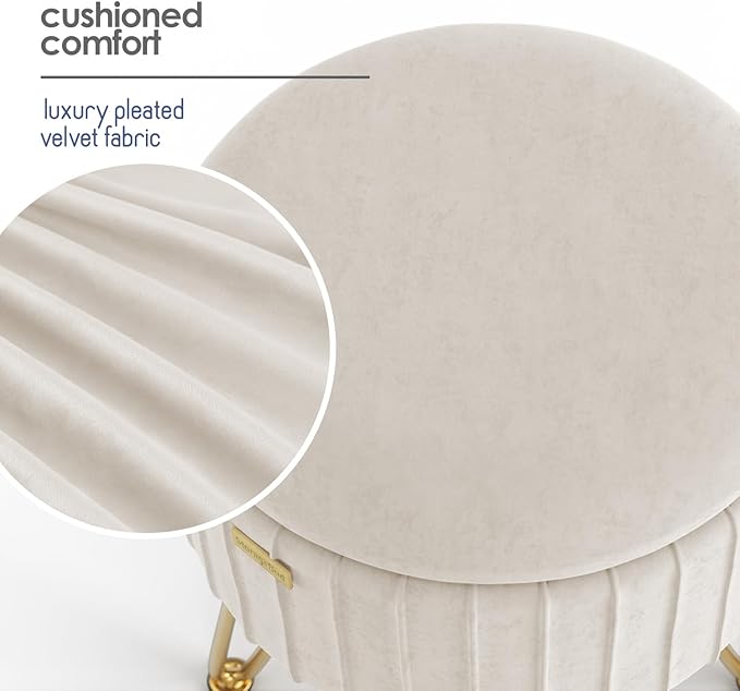 Round Ottoman with Storage, Pleated Velvet Storage Ottoman, Foot Stool Ottomans, Makeup Vanity Stool, Small Ottomans Foot Rest, Modern Vanity Stools for Living Room and Bedroom, Cream