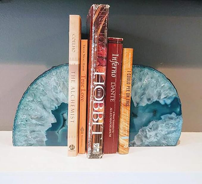 JIC Gem Book Ends Teal Agate Bookends for Shelves Decorative Geode Bookends to Hold Books Heavy Duty Home Decor with Rubber Bumpers(1 Pair, 4-6 LBS)