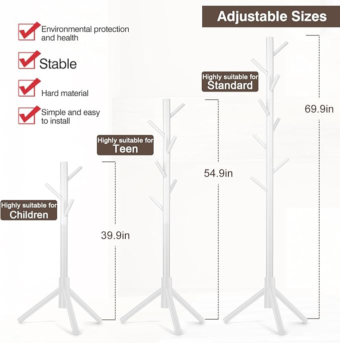 WANGMUXIA Coat Rack, Freestanding Coat Rack with 8 Hooks and 3 Adjustable Size Tree Coat Racks for Bedroom, Hallway, Entrance, Office, for Hats, Coats, Scarves, Handbags