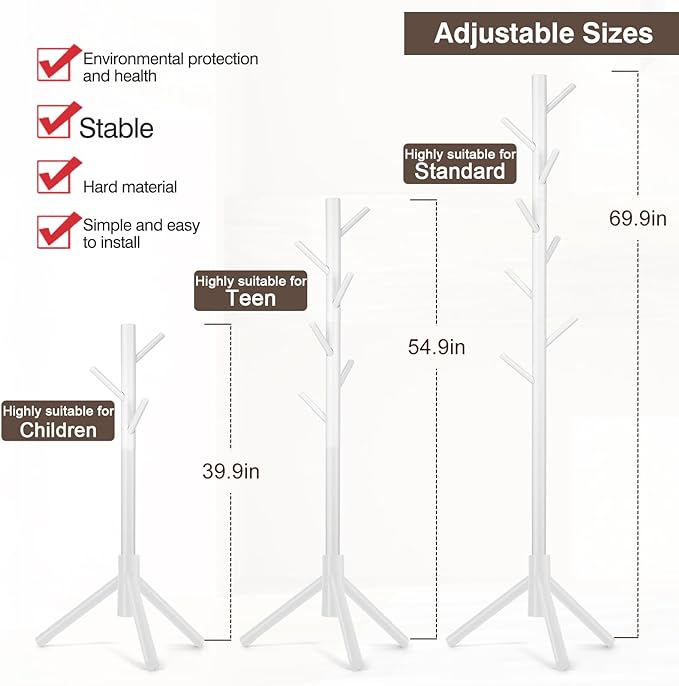 WANGMUXIA 2 PCS Coat Rack, Freestanding Coat Rack with 8 Hooks and 3 Adjustable Size Tree Coat Racks for Bedroom, Hallway, Entrance, Office, for Hats, Coats, Scarves, Handbags