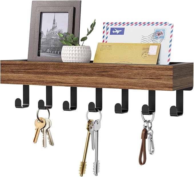 Key Holder Wall Mount Adhesive Magnetic - Hanging Key Hooks with Mail Organizer Tray for Wallet House - Keys Hanger Rack with Shelf for Camper Entryway Door Home Living Room Decor Large Rustic