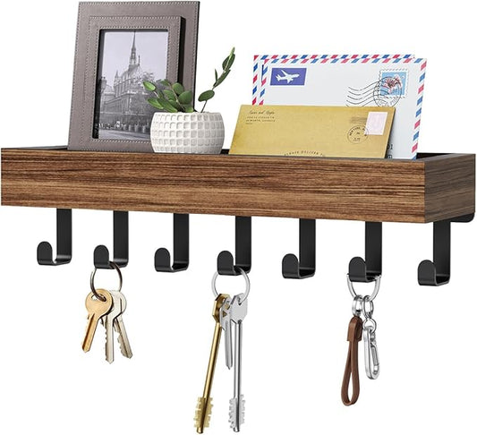 Key Holder Wall Mount Adhesive Magnetic - Hanging Key Hooks with Mail Organizer Tray for Wallet House - Keys Hanger Rack with Shelf for Camper Entryway Door Home Living Room Decor Large Rustic