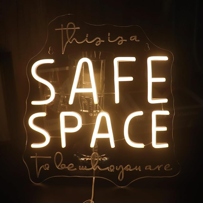 "This Is A Safe Space To Be Who You Are" Neon Sign, Positive Quotes Decorative Neon Lights for Home Room Wall Decor, Kids Room Wall Hanging Banners, Playroom Wall Decor Neon Light Sign(warm white)
