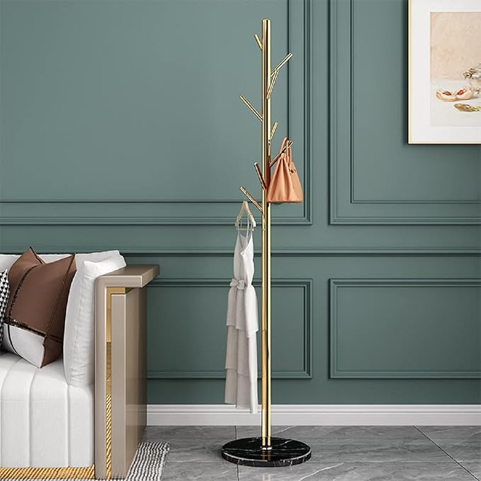 Jolitac Metal Coat Rack Stand Golden Satin Steel Finish Stable Marble Base, High-Grade with Hooks Metal Tree Hat & Coat Hanger Floor Free Standing Wall Bedroom Easy Assembly (Golden)