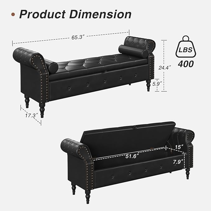 FiveWillowise 65" Bedroom Bench with Storage,Faux Leather Bed Benches with Tufted Buttons,Large Upholstered Storage Bench with Rolled Arms and Nailhead Trim for King Size End of Bed,Entryway,Black