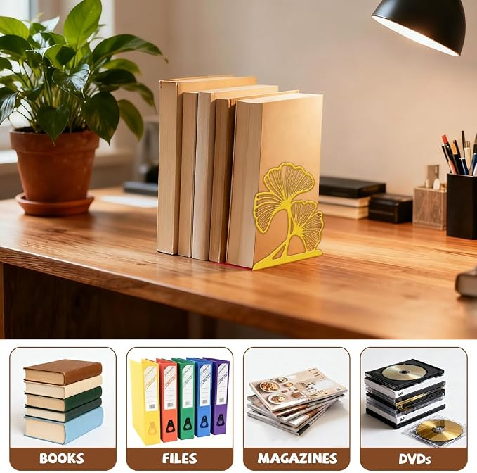 Peacoblue Metal Bookends for Shelves, Modern Decorative Heavy Duty Study Book Ends Stoppers for Office Desk Shelf, Room 5.3"x4.3"x6.1" Cast Iron Tall Bookends 1 Pair (Golden Ginkgo Leaves)