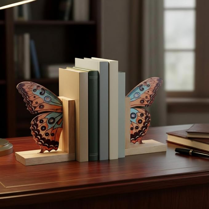 Decorative Butterfly Bookends Wooden Acrylic Butterflys Bookend Modern Bookshelf Decor Accent Book Stopper Decor for Home Farmhouse Shelves Office Lover Gift(Junonia Almana Butterfly)
