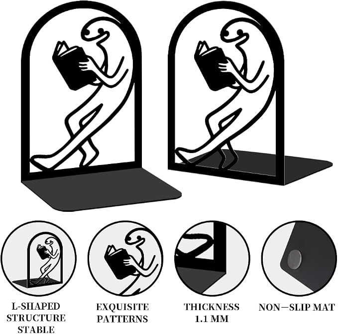 Black Metal Bookends for Shelves Decor Humorous Figure Cute Heavy Duty Bookends for Book Supports, Unique Book Stopper for Office Book Holder Shelf Accessories 1 Pair/2 PCS