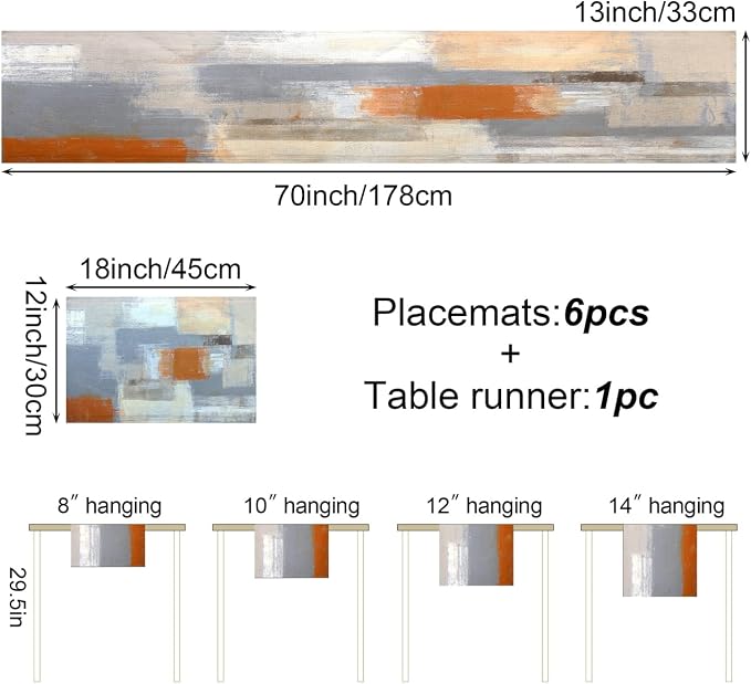 Orange and Grey Table Runner and Place Mats Set of 6 Abstract Modern Table Runners and Placemats Burnt Orange Dining Mat Sets Washable Vintage Tabletop Home Decorations 70 Inches Long