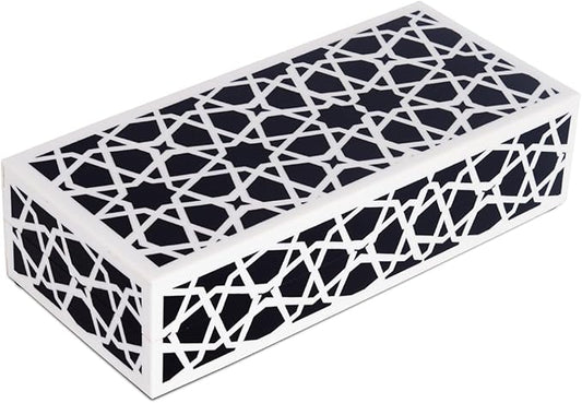 Handicrafts Home Decorative Storage Box with Lid, Black and White Moroccan Zellij Box, Coffee Table Remote Organizer, Geometric Keepsake Box for Living Room, Shelf & Hallway Decor, Zellij 10x4.5x2.5