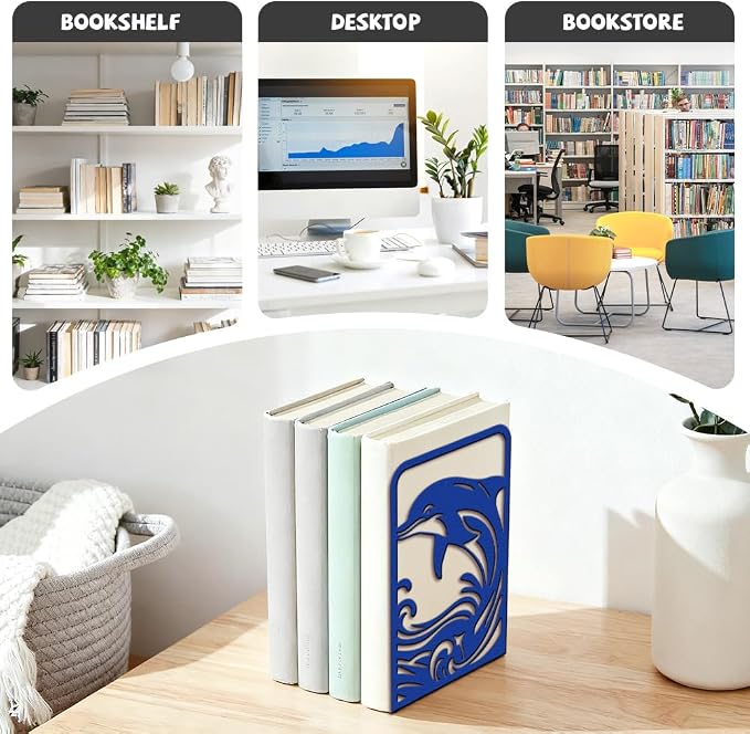 Peacoblue Metal Bookends for Shelves, Modern Decorative Heavy Duty Study Book Ends Stoppers for Office Desk Shelf, Room 5.3"x4.3"x7.9" Cast Iron Tall Bookends 1 Pair (Blue Dolphin and Waves)