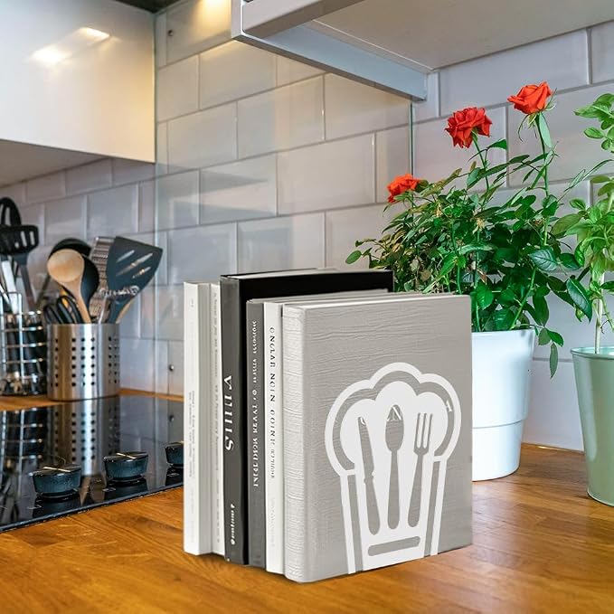 Peacoblue Metal Bookends for Shelves, Modern Decorative Heavy Duty Study Book Support Stoppers for Office, Desk, Shelf, Room 5.3"x4.3"x6.1" Cast Iron Simple White Book Ends, 1 Pair (Chef Hat)