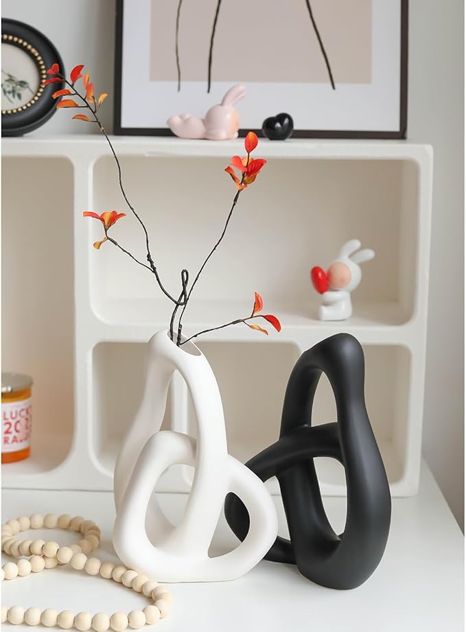 STHIE Modern White Ceramic Flower Vases for Home Decor Aesthetic, Boho Decorative Vase for Bouquet Pampas Grass, Living Room Bedroom Kitchen Maximalist Decor (White)