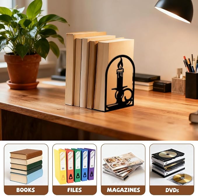 Peacoblue Metal Bookends for Shelves, Modern Decorative Heavy Duty Study Book Ends Stoppers for Office, Desk, Shelf, Room 5.3"x4.3"x7.9" Cast Iron Simple Bookends 1 Pair (Quill Pen with Candlestick)