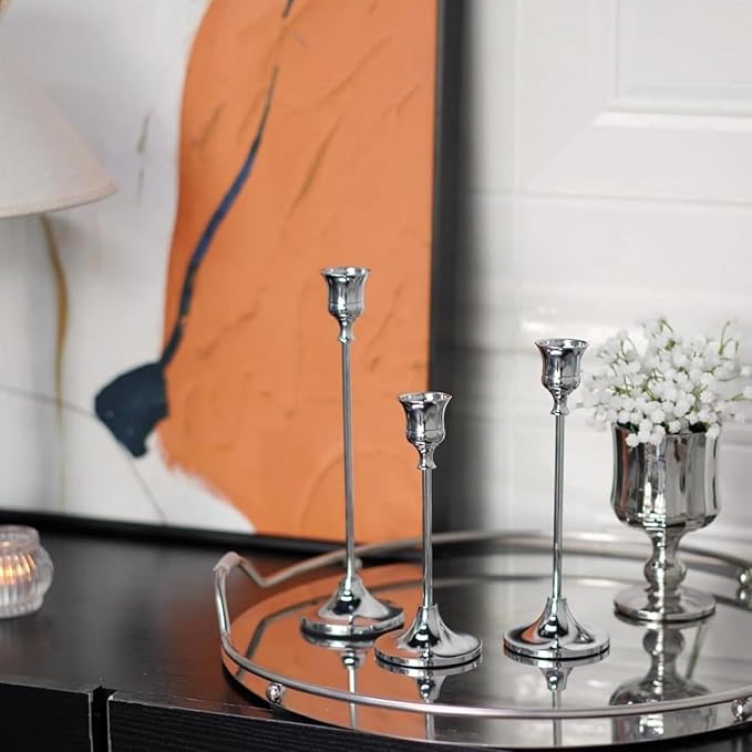 Candle Holders 6pcs Taper Candlestick Holders for Table Centerpiece Home Decor - Modern Sliver Candle Stick Holders for Festival Wedding Party Anniversary Date Mantel Dinning Room