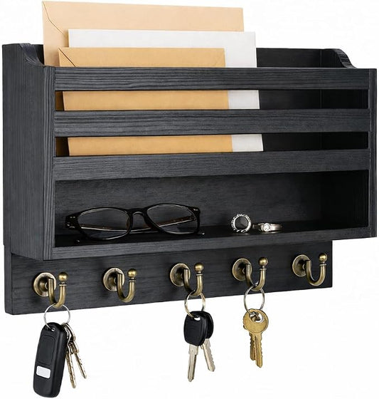 Key and Mail Holder for Wall, 3-Tier Wooden Key Rack with Shelf & 5 Hooks, Key Hanger and Mail Organizer for Entryway Home Decor, Black