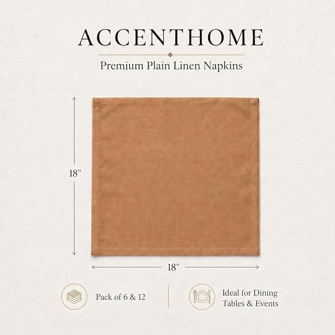 ACCENTHOME Brown Cotton Linen Napkin Set of 12 18x18 inch Dinner Napkins - Washable Soft Premium Hotel Quality Reusable Napkins Perfect Table Napkins for Family Dinners, Weddings & Everyday Use