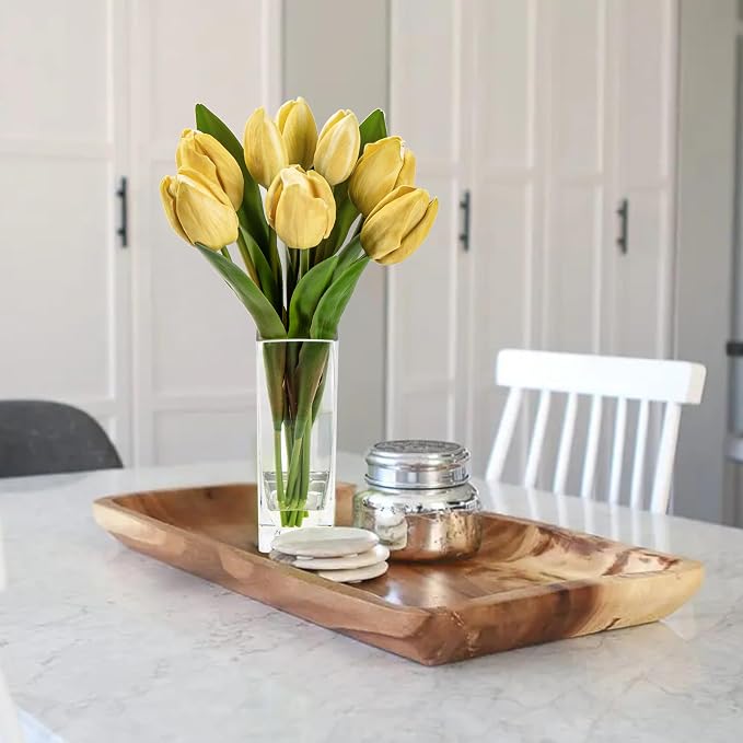 Briful Fake Flowers Artificial Tulip Flower Khaki in Clear Vase, Real Touch EVA Tulip Arrangement Suitable for Home Office Fall Decoration, Dining Table Centerpiece
