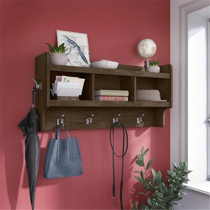 Bush Home Woodland 40W Wall Mounted Coat Rack with Shelf in Ash Brown | Cubbies and Hooks for Entryway, Mudroom, Foyer Storage