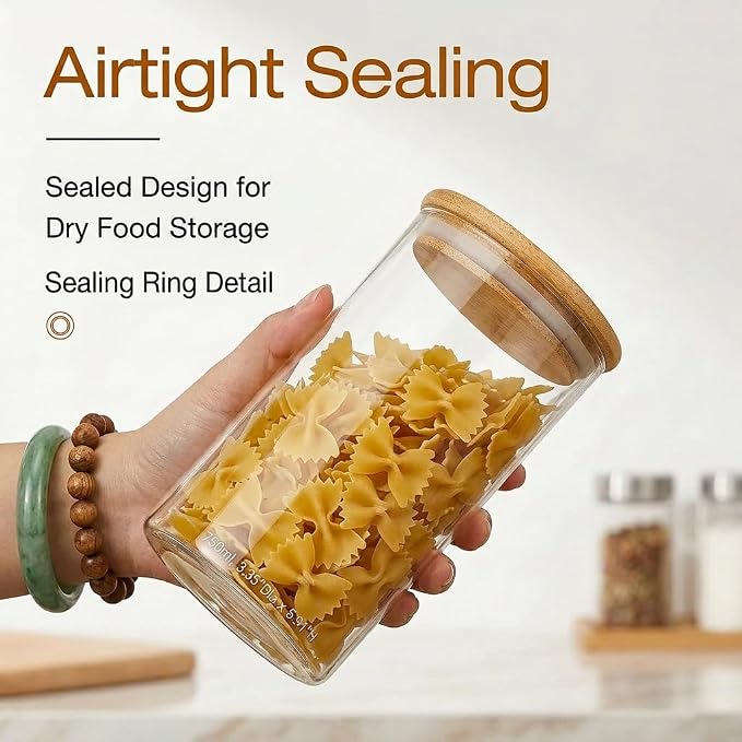 24oz 6-Pack Borosilicate Glass Jars with Airtight Wooden Lids, Clear Food Storage Containers, Kitchen Pantry Canisters for Tea, Flour, Candy, Grain, Microwave & Freezer Safe