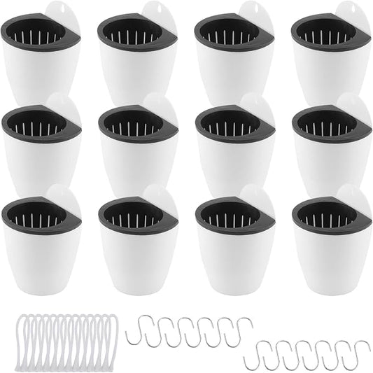 LEXININ 12 Pack 4 Inch Self Watering Hanging Planter, White Plastic Wall Mounted Planter Pots with Cotton Rope and Hook, Vertical Flower Pot for Plant Garden