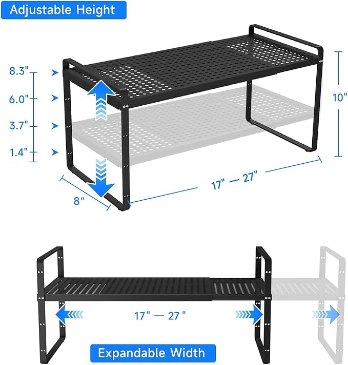 Expandable Kitchen Shelf Organizers, Kitchen Cabinet Organizer Stand Rack Organization for Countertop Cupborad Pantry Spice Rack, Black 1 Pack