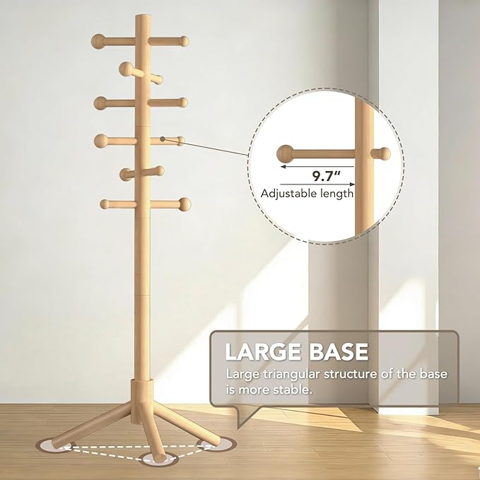 Wooden Coat Rack Freestanding with 12 Hooks 3 Adjustable Heights，Standing Coat Rack Tree for Hat and Coat Rack for Small Spaces Entryway,Office,Bedroom,Natural