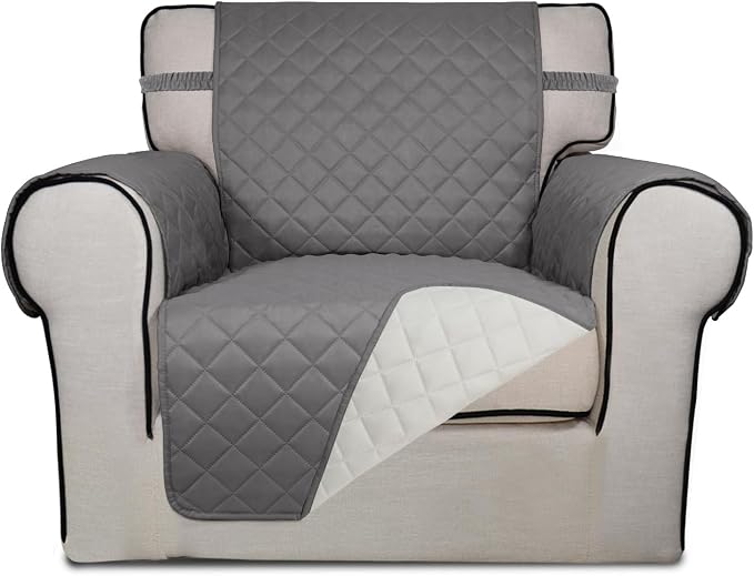 PureFit Reversible Quilted Sofa Cover, Water Resistant Slipcover Furniture Protector, Washable Couch Cover with Non Slip and Elastic Straps for Kids, Dogs, Pets (Chair, Gray/Ivory)