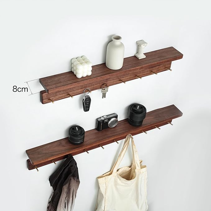 Wall Mounted Coat Rack with Shelf, Wooden Entryway Organizer with 6 Hooks, Wall Shelf with Hooks for Hallway, Bedroom, Bathroom (Walnut, 18.11inch/6 Hooks)