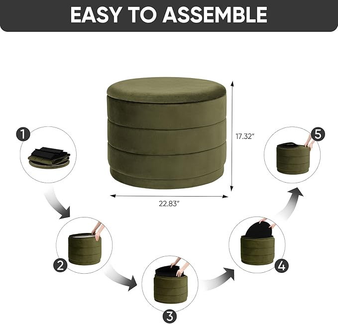23" Upholstered Round Velvet Ottoman with Storage | Foldable Foot Rest Ottoman with Wooden Tabletop, Decorative Home Furniture for Living Room & Bedroom-Olive