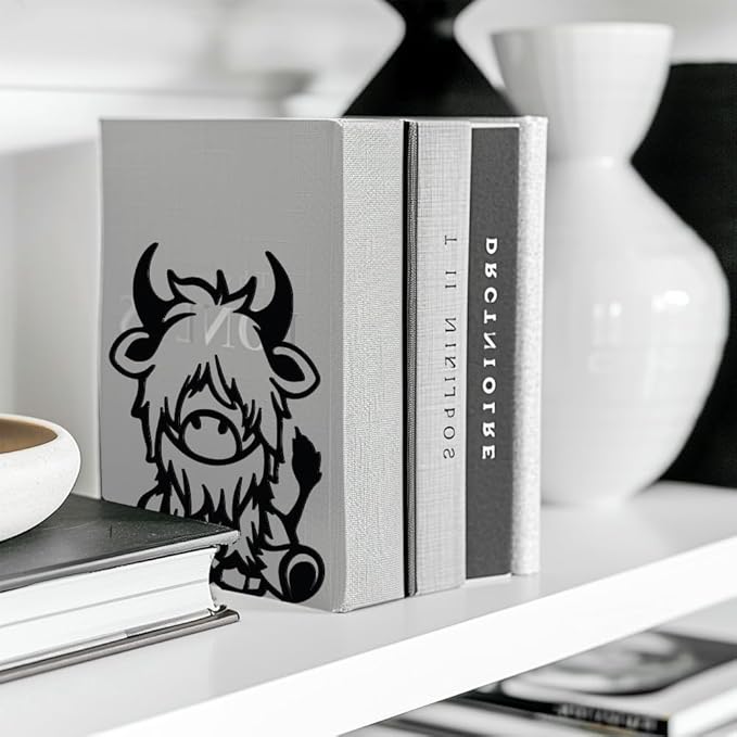 Peacoblue Metal Bookends for Shelves, Modern Decorative Heavy Duty Study Book Support Stoppers for Office, Desk, Shelf, Room 5.3"x4.3"x6.5" Cast Iron Simple Tall Bookends, 1 Pair (Highland Cattle)