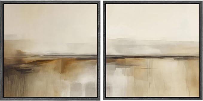 SIGNFORD Framed Canvas Print Wall Art Set Neutral Abstract Horizon Beige and Brown Illustrations Modern Art Minimal Relax/Calm for Living Room, Bedroom, Office - 16"x16"x2 Black