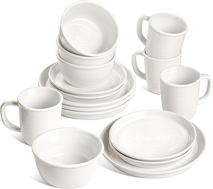 LE TAUCI Dinnerware Sets with Mugs for 4, Stoneware Plates and Bowls Set, Stackable, Microwave & Dishwasher Safe Ceramic Dishes, 16-Piece, White (10" Dinner & 8" Salad Plates, 6" Bowls, 18 oz Cups)