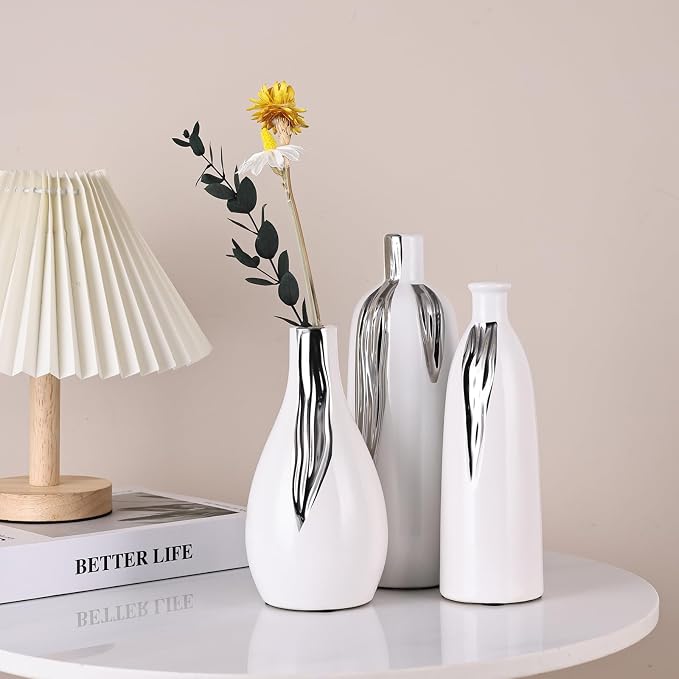 Ceramic Vase 3 Piece Set, White and Silver Vases for Home Decor, Decorative Vases for Mantels, Shelves and Entryway Decor, Dining Table Centerpieces, Living Rooms, Fireplaces and Kitchen Decor.