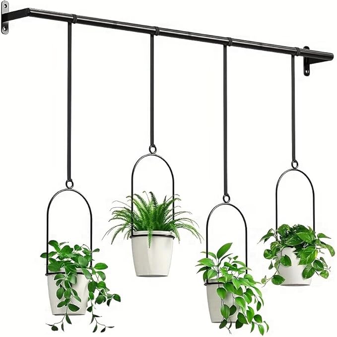 Metal Adjustable Hanging Flower Pots Set with 4 Plastic Pots, Indoor and Outdoor Wall Plant Hanger with Nylon Rope for Windows and Ceiling Herb Garden, 41.4-48 Inches, White and Black