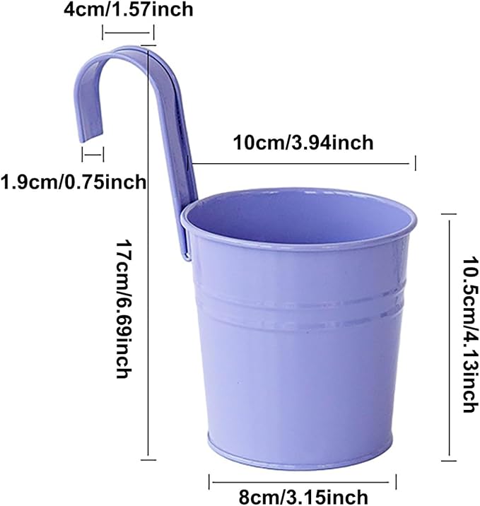 Hanging Flower Pots For Railings, Hanging Galvanized Metal Flower Pot with Hook, Tinplate Hanging Buckets for Garden Balcony Flowers, Colorful Planter for Flowers Grasses and Succulents (Pink)