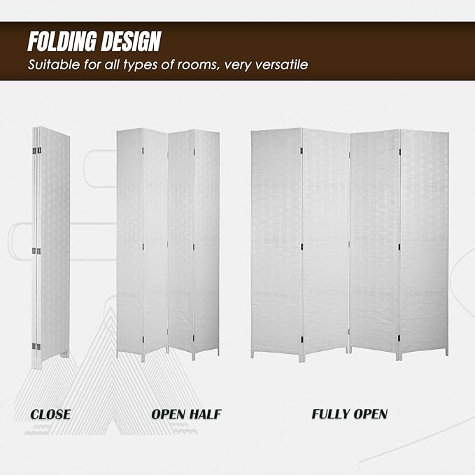 PayLessHere Room Divider 6FT Wood Mesh Hand-Woven Room Divider, 4-Panel Indoor Folding Portable Partition Screen,White